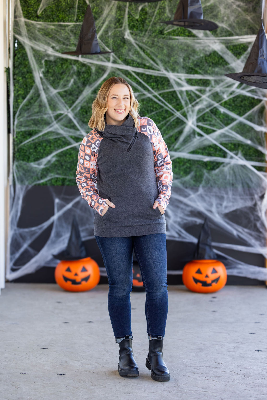 Zoey ZipCowl Sweatshirt -Trick-or-Treat Checkered and Charcoal